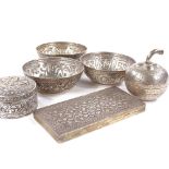 A group of Eastern silver items, including rectangular box, pair of bowls etc, with relief