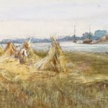 19th century watercolour, haymaking on a riverbank, unsigned, 7" x 14", and 18th century