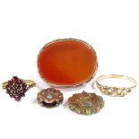 Various jewellery, including a large gold plated carnelian fob seal, garnet ring, etc. (5)