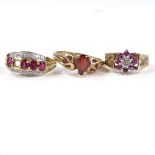 3 9ct gold stone set rings, including garnet, 8.7g total (3)