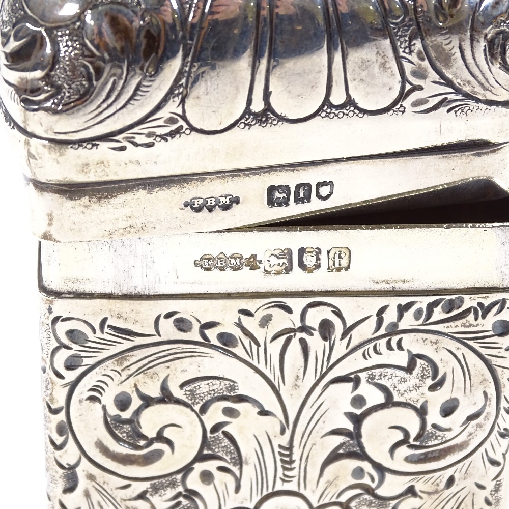 An Edwardian rectangular silver dome-top tea caddy, relief embossed fluted and foliate decoration, - Image 2 of 3