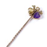 An unmarked gold amethyst citrine and split-pearl double-heart stick pin, overall length 54.1mm, 1.