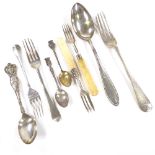 Various silver flatware, including Georgian forks, Toronto souvenir spoon etc, 7.6oz weighable