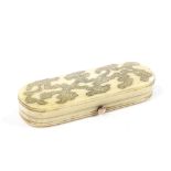 A miniature Georgian ivory toothpick case, with gold pique inlaid lid, length 6cm
