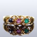 An unmarked gold emerald ruby sapphire and paste dress ring, pierced settings and shoulders, setting