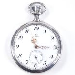 OMEGA - a Continental silver-cased open-face top-wind pocket watch, white enamel dial with Deco