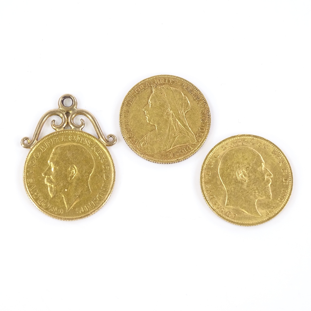 3 gold sovereigns, 1901, 1903, 1911, one with gold pendant mount, 24.8g total, (3) - Image 2 of 3