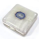 A polished banded agate and silver-mounted box, the lid having an inset 3-colour Wedgwood plaque (