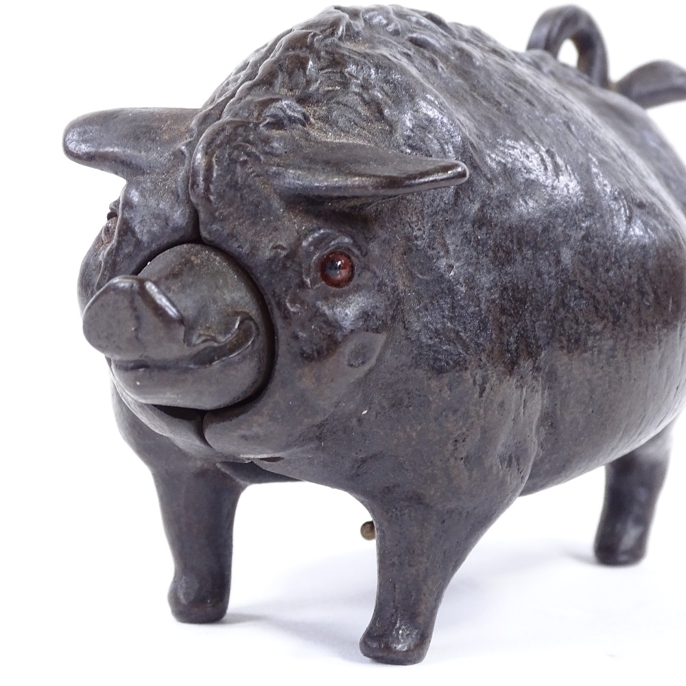 A Victorian bronze butcher's shop counter bell in the form of a pig, with clockwork mechanism in - Image 2 of 3