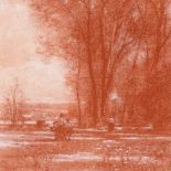 Sanguine chalk drawing, figures in parkland, signed with monogram HM, dated 1983, 8" x 7", framed