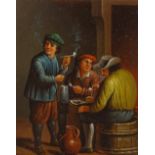 19th century oil on metal, 3 men in a tavern, unsigned, 8" x 6.5", framed