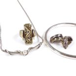 A Soren Borup Danish sterling silver slave bangle, a sterling pearl necklace, vermeil silver ring
