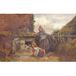 19th century oil on canvas, figures in the farmyard, unsigned, 12" x 18", framed