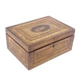 A Napoleonic prisoner of war straw-work box, the lid decorated with Classical emblem and flags,