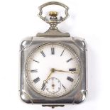 A square silver plated open-face top-wind pocket watch, white enamel dial with Roman numeral hour