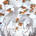 A Japanese porcelain plate with hand painted study of 2 deer, diameter 31cm