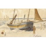 Watercolour, beached fishing boats, indistinctly signed, 6" x 10", mounted