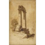 18th/19th century sepia watercolour, Classical ruins, unsigned, 8.5" x 5.5", framed