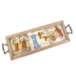 A Victorian oak-framed tray with 3 hand colour transfer decorated tiles inset, length excluding