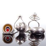5 silver modernist design abstract rings, including Francisco Rebajes domed ring etc, 50.2g total (