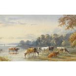 Henry Earp, watercolour, cattle on a riverbank, signed and dated 1873, 9" x 20", framed