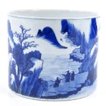 A Chinese blue and white porcelain brush pot with painted landscape scenes, diameter 19cm, height