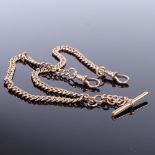 A 9ct rose gold curb link Albert chain, with 2 dog clips and a T-Bar, chain length 46cm, 18.1g