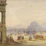 19th century Italian School, watercolour, procession of boats towards The Dolomites, unsigned, 6"