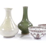 A group of Chinese porcelain items, including a white glaze narrow-neck vase with incised