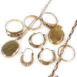 Various gold jewellery, including 15ct stone set ring, 9ct wedding band ring, locket, etc, 17.4g