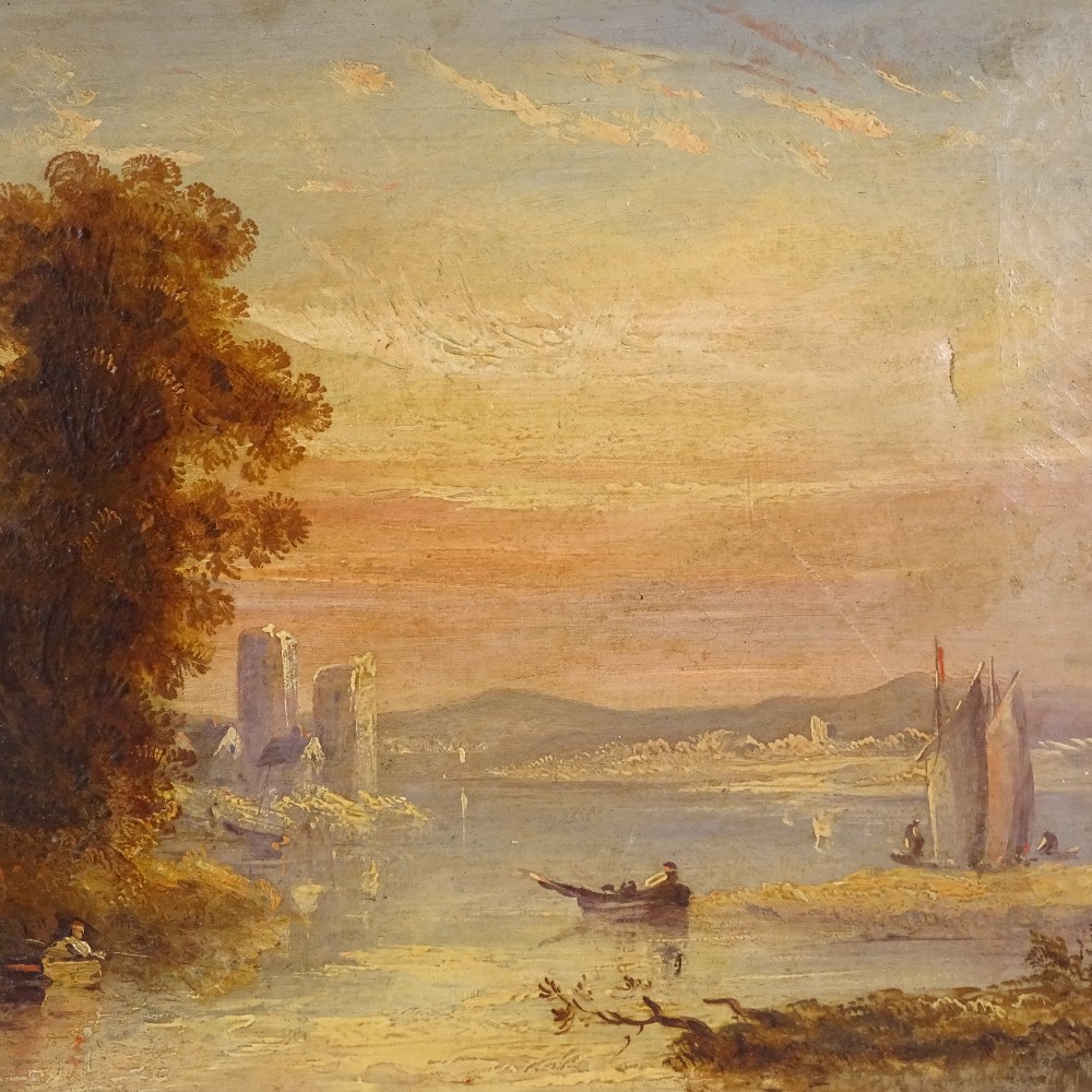 Follower of J M W Turner, 19th century oil on canvas, sunset lake scene, unsigned, 17" x 21", framed
