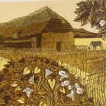 Robert Tavener, linocut print, Tithe Barn and convolvulus, artist's proof, signed in pencil, sheet