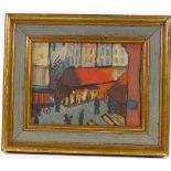 Oil on board, impressionist market scene, unsigned, 9" x 11.5", framed