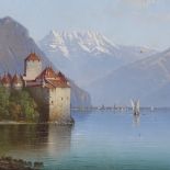 19th century oil on board, Chateau Chillon, signed with monogram GD, 9.5" x 12", framed