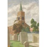 P Chandra De, oil on canvas, the old church Hampstead, signed with label verso, 24" x 16", unframed