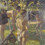 Modern oil on board, boys in an orchard, 22.5" x 17", unframed