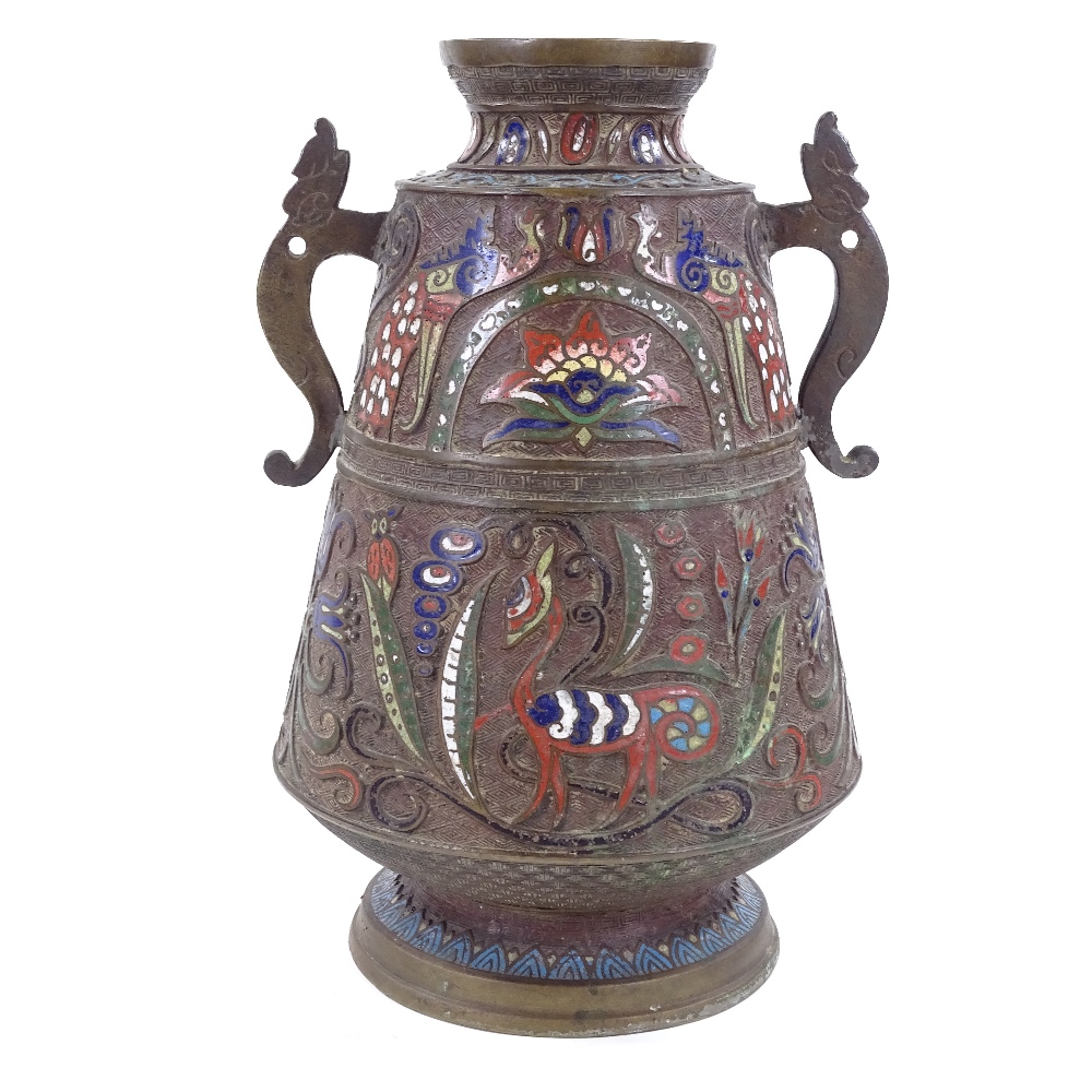 A Chinese relief cast bronze and champleve enamel decorated 2-handled vase, height 36cm - Image 2 of 3