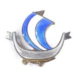 An Aksel Holmsen Norwegian sterling silver gilt and coloured enamel viking ship brooch, height 30.