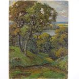 Follower of John Constable, early 20th century oil on board, extensive landscape, unsigned,