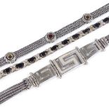 3 sterling silver stone set bracelets, Greek key design bracelet length 18cm, 54.3g total, (3)