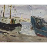 20th century Russian School, oil on canvas, moored boats, signed in Cyrillic, inscribed verso, 10" x