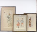 3 original watercolour theatrical costume designs, circa 1900, all unsigned, largest 16" x 8",