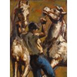 Oil on canvas, man with 2 horses, 28" x 20", framed
