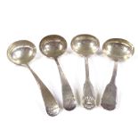4 silver sauce ladles, comprising William IV Thread and Shell ladle, George III Fiddle ladle, and