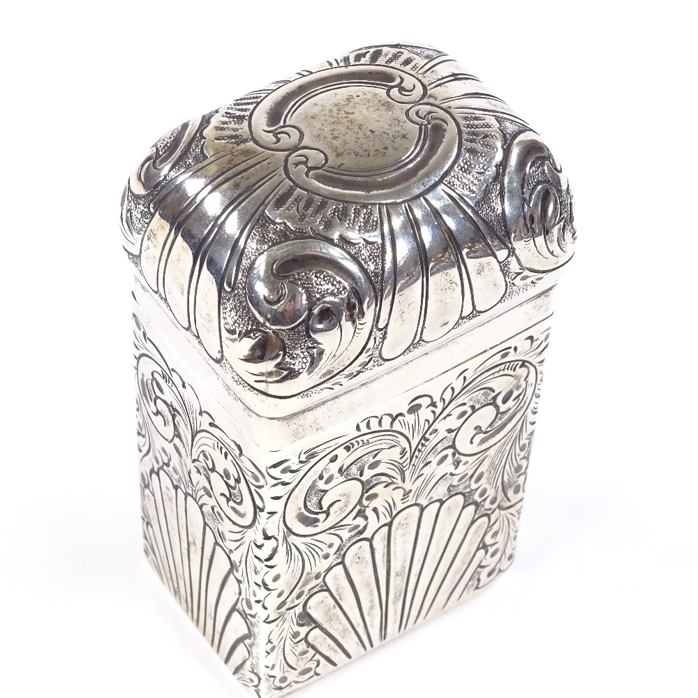 An Edwardian rectangular silver dome-top tea caddy, relief embossed fluted and foliate decoration, - Image 3 of 3