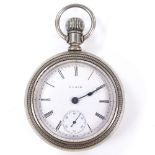 ELGIN - a silver plated open-face top-wind pocket watch, white enamel dial with roman numeral hour