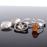 Various silver jewellery, comprising N.E. From Danish sterling ribbon brooch and cufflinks, amber