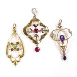 3 Edwardian 9ct gold stone set pendants, openwork Art Nouveau settings, largest height excluding