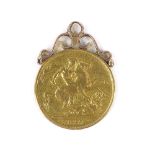 An 1887 Victoria two pound coin, on gold pendant mount, overall height 4cm, 17.1g