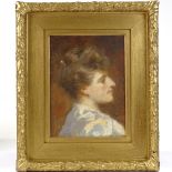 19th/20th century oil on board, portrait of a woman, unsigned, 12" x 9", framed